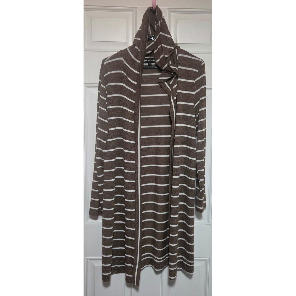 Wantable Brown White Striped Hooded Longline Cardigan Sweater Size L Made in USA